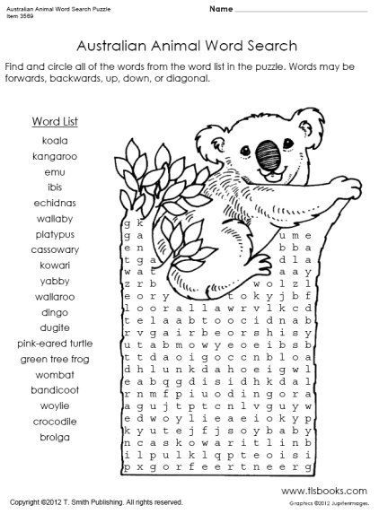 Animals in Australia Word Search learnedwords.com